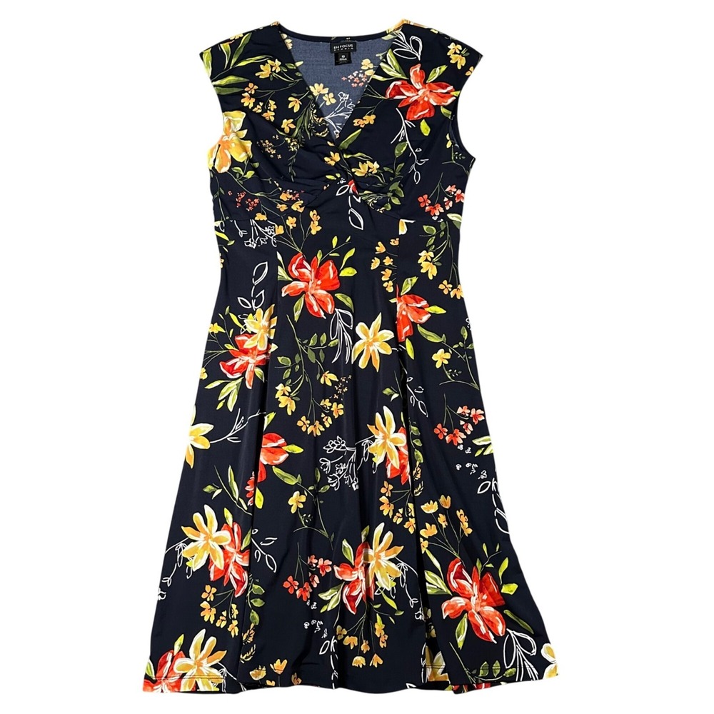 En Focus Studio Sleeveless Dress Womens 10 Navy Floral V-Neck Cap Sleeve